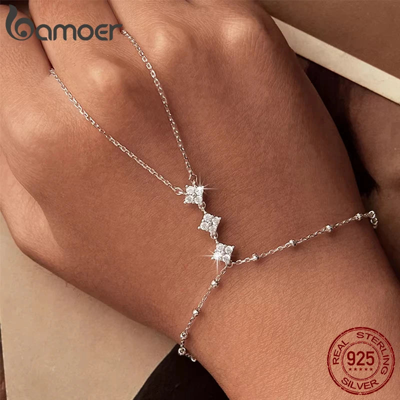 BAMOER 925 Sterling Silver Adjustable Hand Chain Bracelet Four-leaf Clover CZ Finger Ring Link Chain Women Summer Body Jewelry