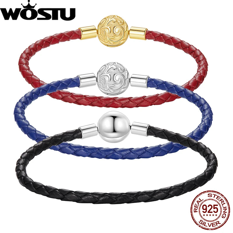 WOSTU 925 Sterling Silver Round Buckle Basic Leather Bracelet Retro Scroll Pattern Original for Woman Man Gift Fine Jewelry DIY