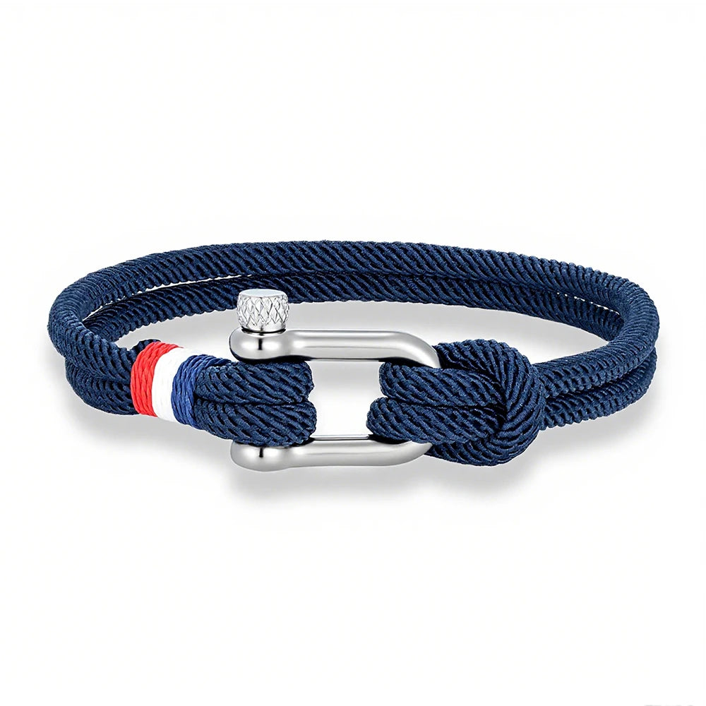 MKENDN Stainless Steel U-Shape Shackle Buckle Bracelet Men Women Handmade Woven Double-Layer Design France Flag Couple Jewelry