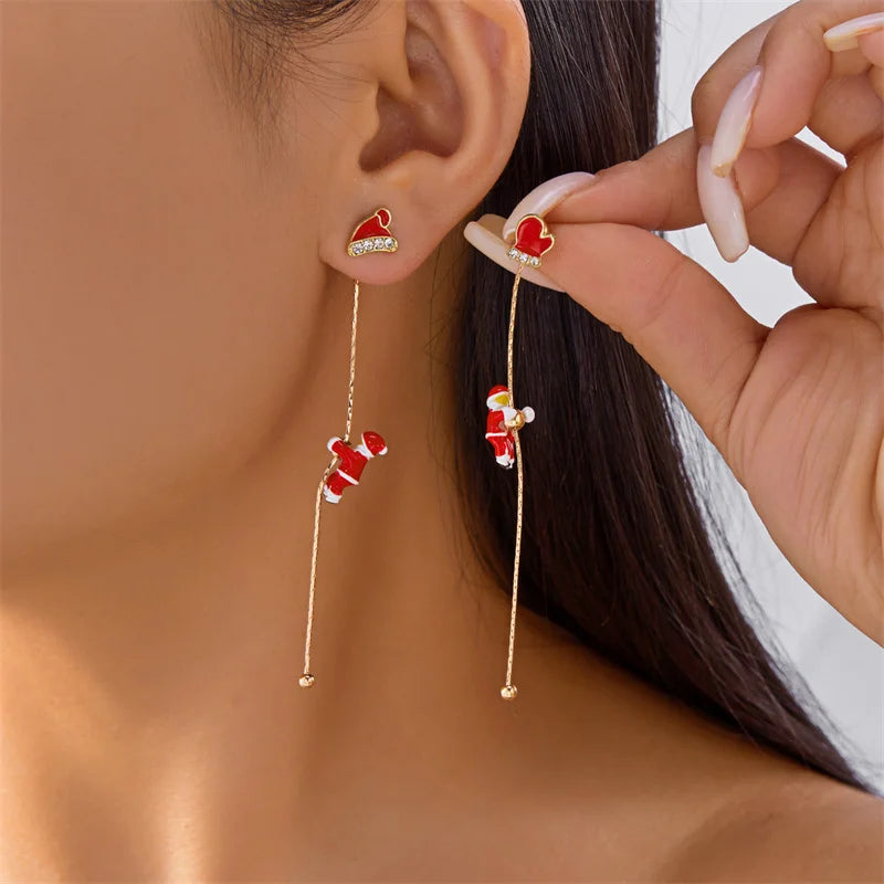 Creative Asymmetric Christmas Tree Snowman Snowflake Drop Earring for Women Moving Santa Claus Long Tassel Earring Party Jewelry