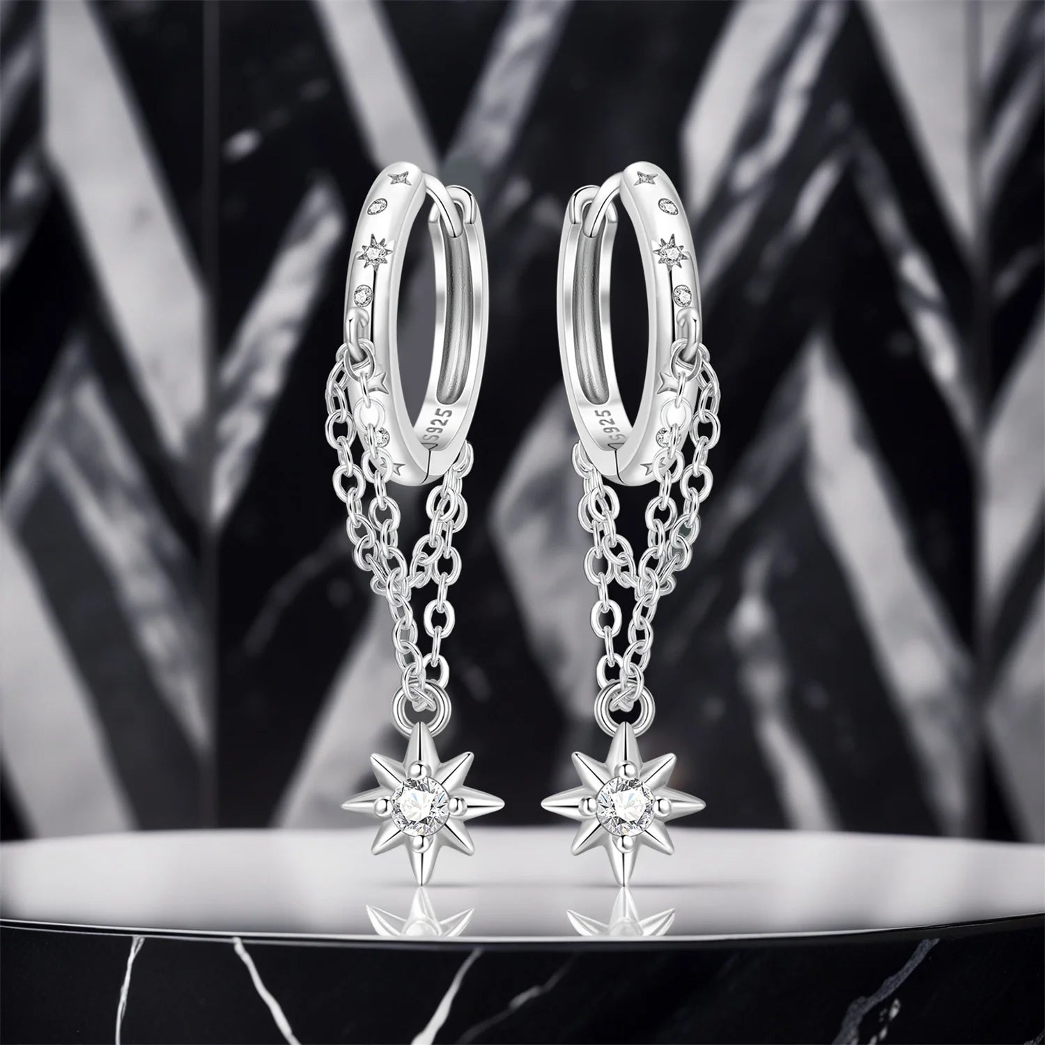 PANPOKI 925 Sterling Silver Sparkling Star Tassel Drop Earrings Women Earring Birthday Party Fashion Jewelry Fine Original Gift