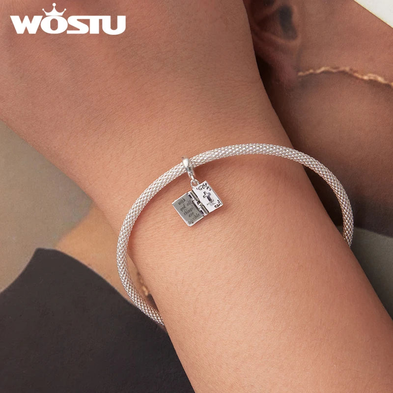WOSTU 925 Sterling Silver Religious Openable Bible Book Charm Cross Faith Pendant Celtic Knot bead Fir Bracelet DIY Family Gift