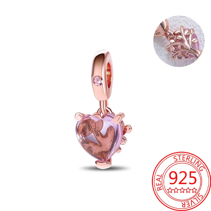 925 Sterling Silver Real Rose Gold Pink Octopus Summer Turtle Heart Dangle Charm Fit Original Bracelet Necklaces Bracelet Girl