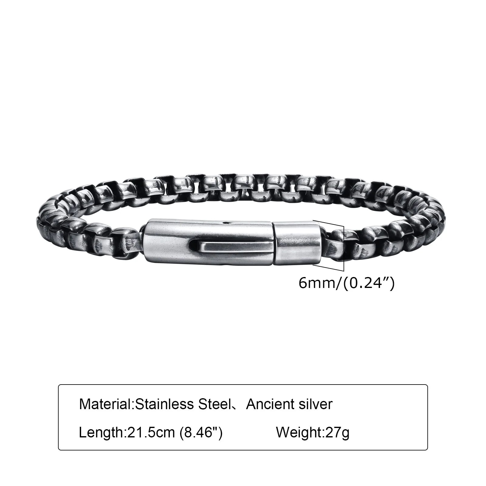 Vnox 6mm Box Chain Bracelets for Men, Basic Punk Stainless Steel Links Wristband, Casual Male Jewelry