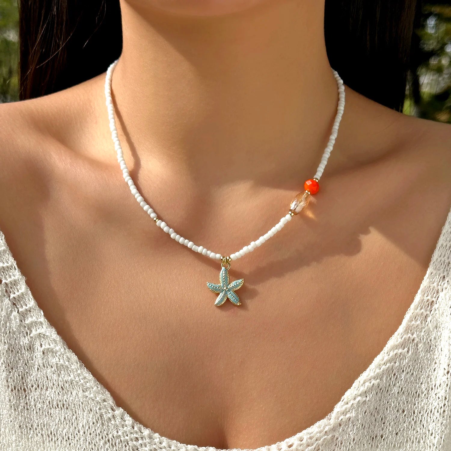 Simple Colorful Ceramic Fish Irregular Stone Beaded Necklace For Women Conch Starfish Shell Pendant Rice Beads Choker Jewelry