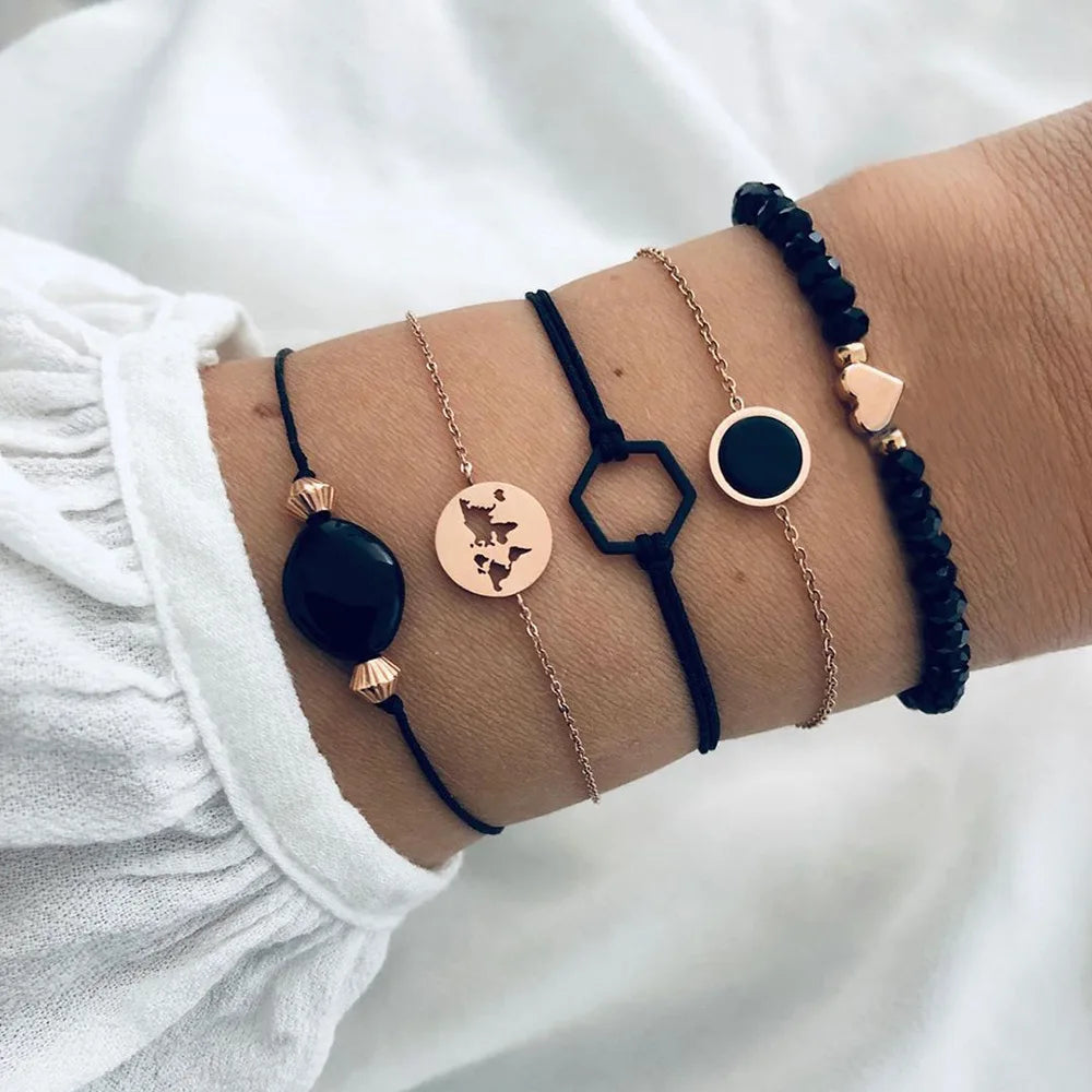 Trendy Geometric Link Chain Bracelet Set For Women Rhinestones Gold Color Leaves Heart Pendant Open Cuff Bangle Girls Jewelry - Madeinsea©