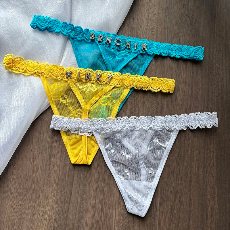 Personality Custom Name Crystal Letter Thong Lace Bikini Panties G-String Low Waist Briefs Sexy Body Jewelry for Hot Wife Gift - Madeinsea©