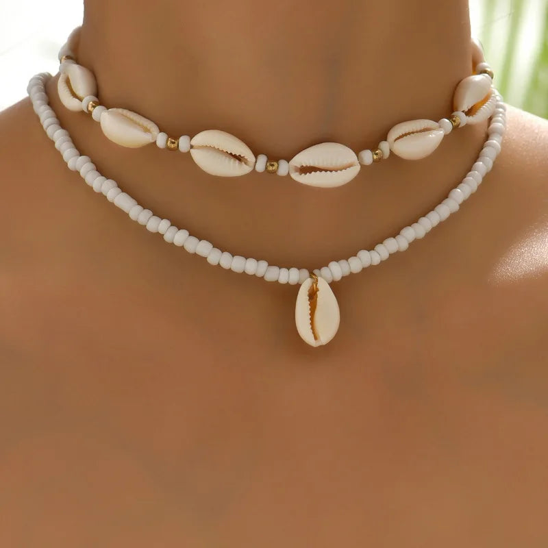 Bohemian Double Layer Seashell Necklaces For Women Handmade White Rice Beads Shell Short Collar Choker Beach Party Neck Jewelry
