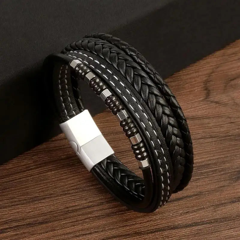 Jiayiqi New Design Punk Leather Bracelet Men Fashion Beaded Multi-Layer Leather Bracelet For Men New Year Jewelry Gift