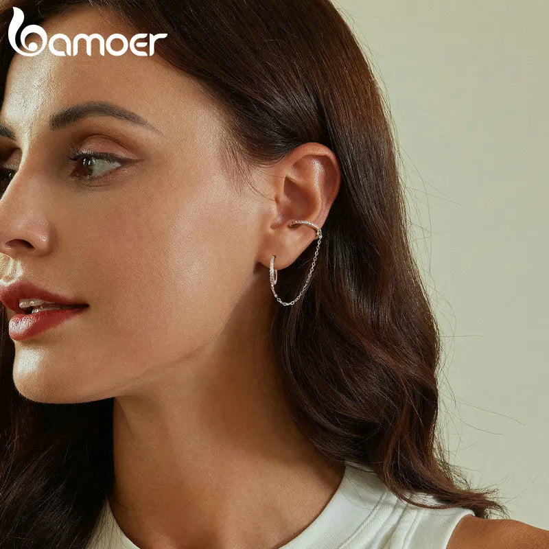 BAMOER 925 Sterling Silver 1 PCS Double Circle Hoop Earrings Long Chain Earrings for Women Statement Jewelry Elegant Earrings