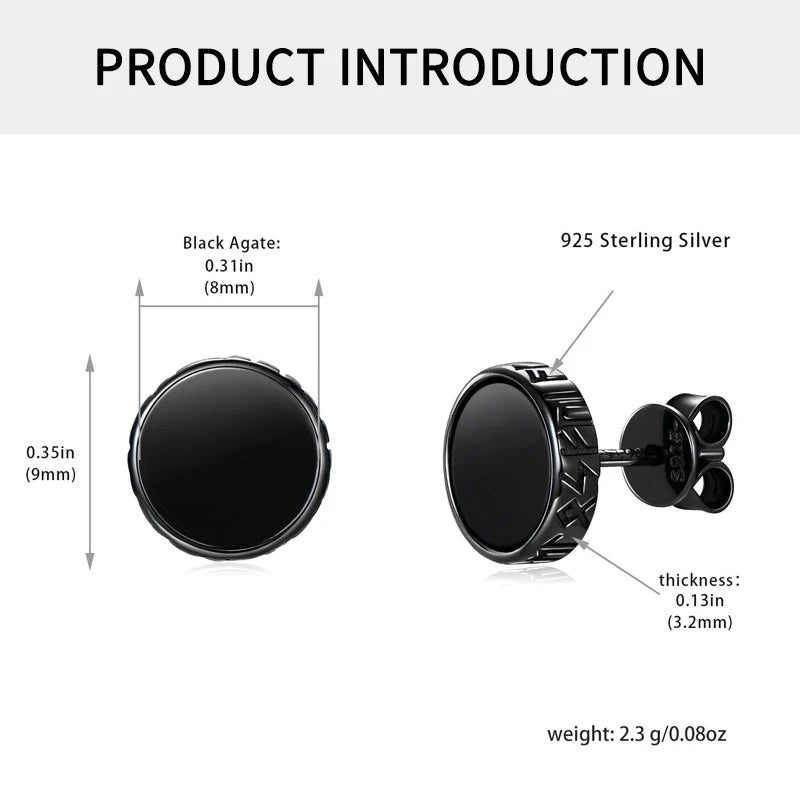 Nordic Viking Rune Personalized 8mm Natural Black Agate Ear Stud 925 Sterling Silver Men Women Hiphop Earrings Fashion Gift