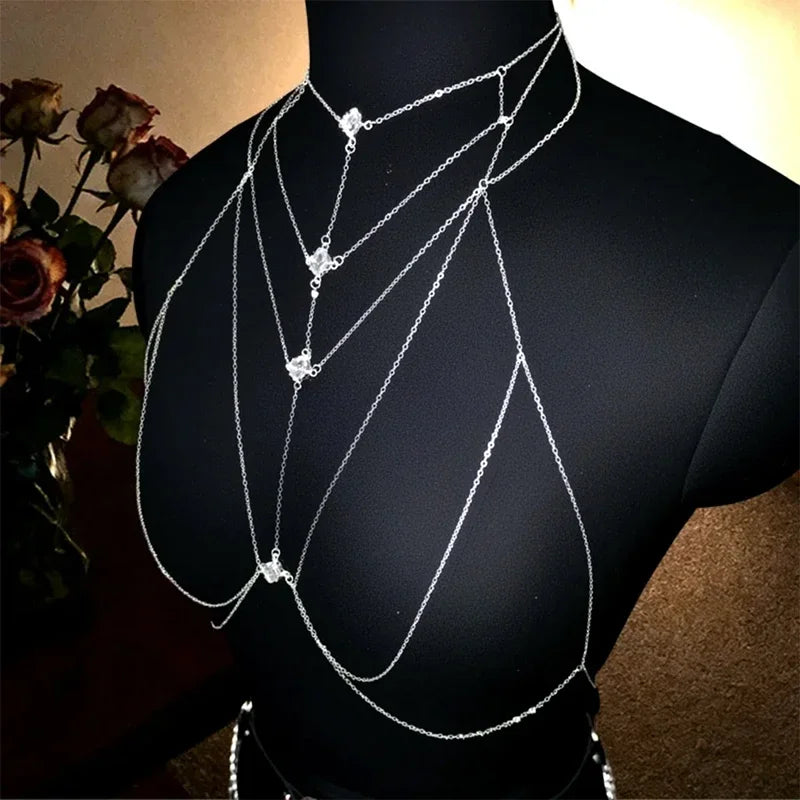 Ladies' Luxurious Body Chain, Diamond-shaped with Square Rhinestones, Outlining the Collarbone Line, Versatile、Fashionable Style