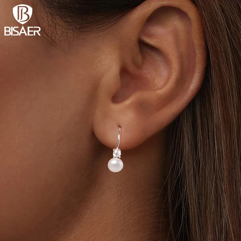 BISAER Moissanite Freshwater Pearl Earrings Soli 925 Sterling Silver for Women Round Cut Lab Diamond Wedding Party Fine Jewelry
