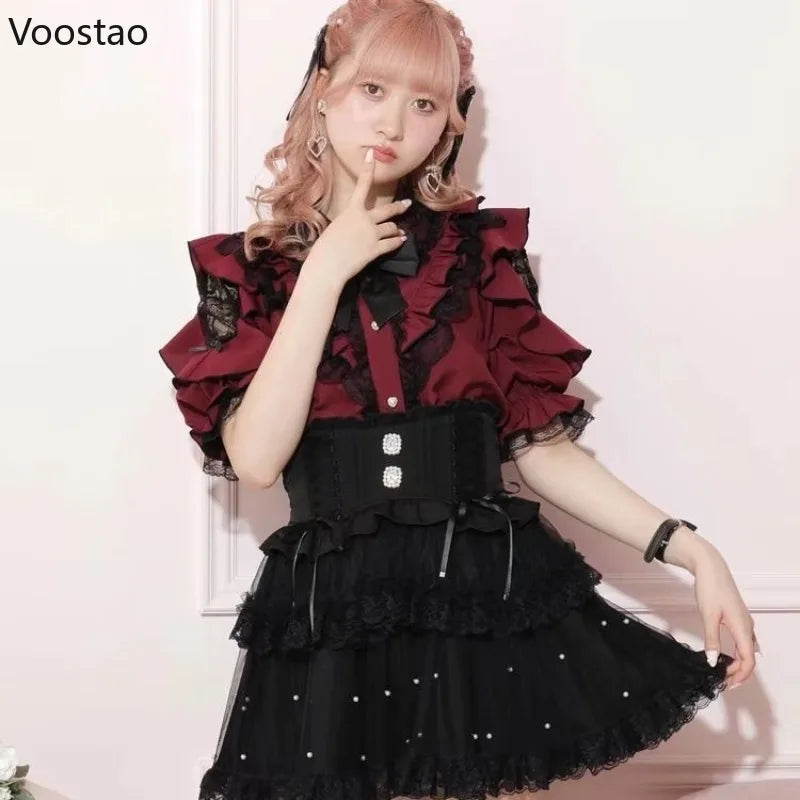 Japanese Gothic Lolita Style Bow Shirts Women Sweet Y2k Lace Ruffles Short Sleeve Blouses Tops Summer Female Vintage Punk Blusas
