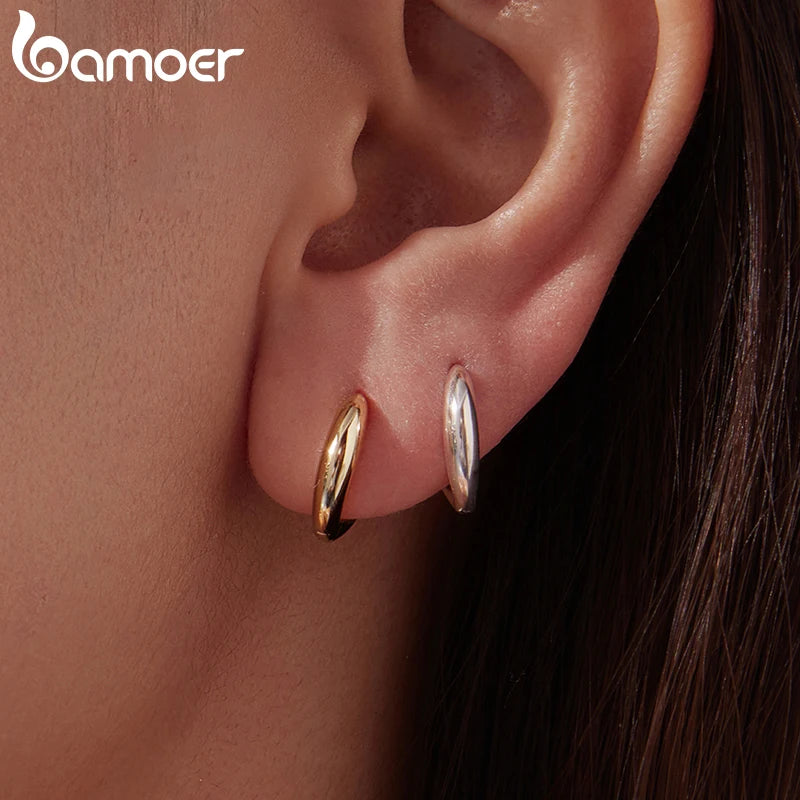 BAMOER 925 Sterling Silver Glossy Ear Cuff for Women, 18K Gold Geometric Metallic Huggies Earrings Minimalist Daily Jewelry Gift
