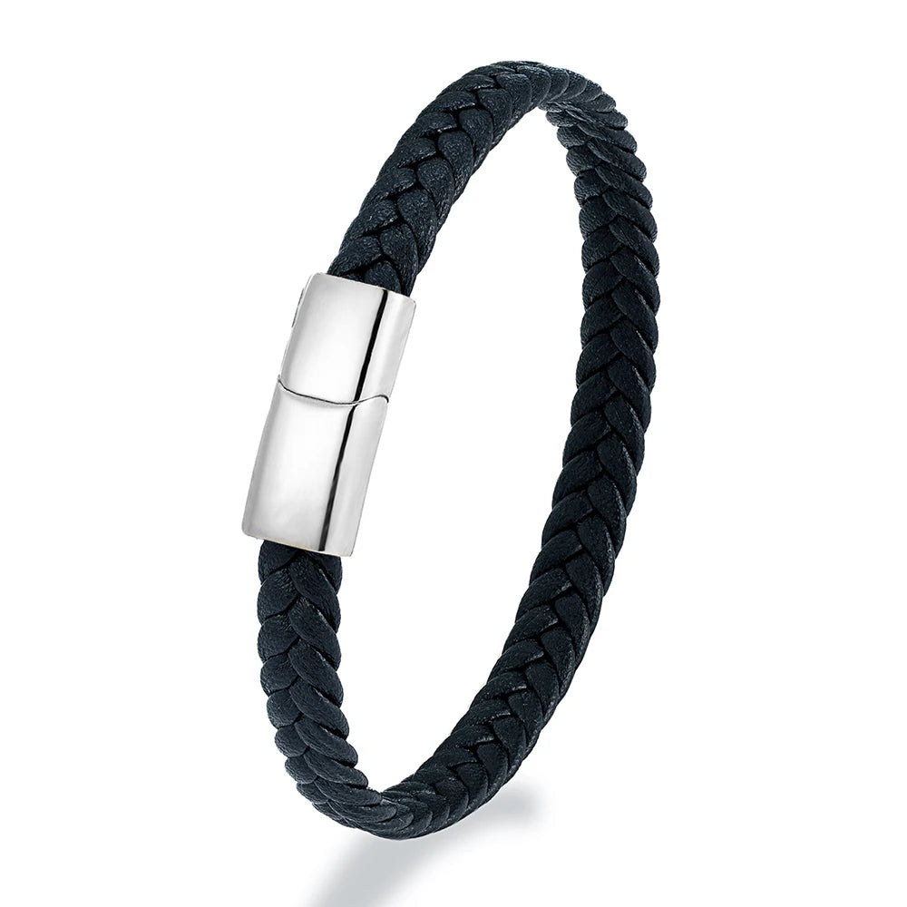 MKENDN Simple Classic Stainless Steel Bracelet for Women Men Genuine Braided Leather Bangles Special Couple Jewelry Gift