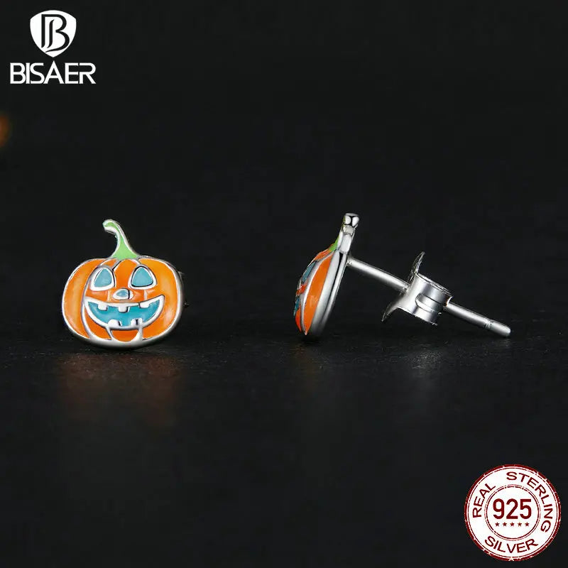 BISAER Boucles d'oreilles à tige lumineuses en argent sterling 925 en forme de mini citrouille en émail pour fille, bijoux fins originaux pour fête d'Halloween