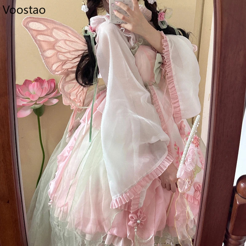 Sweet Lolita Princess Dress Women Cute Cartoon Rabbit Print Flower Ruffles Party Dresses Chinese Hanfu Style Kawaii Lolita Sets