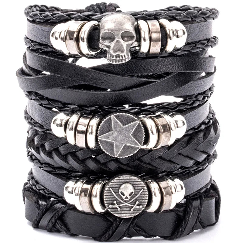 Fashion Black Skull Multi-layer Beaded Hand Leather Bracelet for Men Set Adjustable DIY Leather Winding Hand Rope