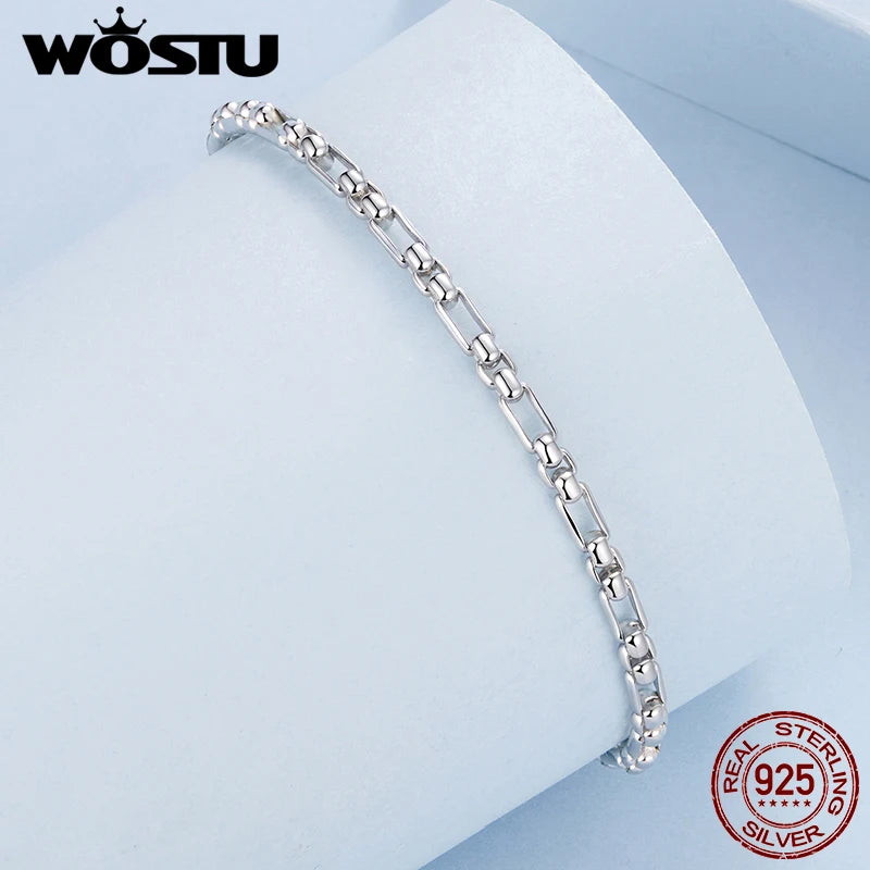 WOSTU Solid 925 Sterling Silver Thick Round Box Chain Bracelet For Women s925 Charm Bead Bracelets Jewelry Making Birthday Gift