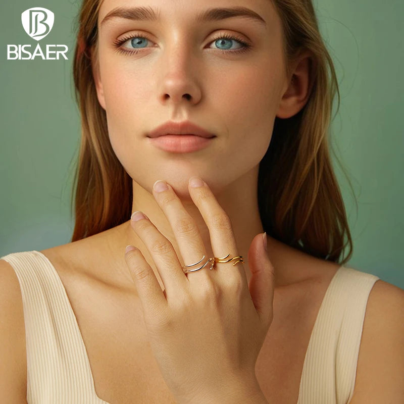 BISAER 925 Sterling Silver Multi-layered Open Ring Minimalist Statement Band Plated 18K Gold Adjustable for Women Fine Jewelry