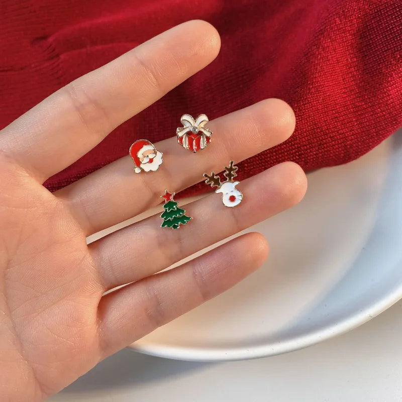 4 Pcs Cute Christmas Small Earrings for Women Trendy Santa Claus Xmas Tree Elk Bell Snowman Stud Earrings Party Daily Jewelry