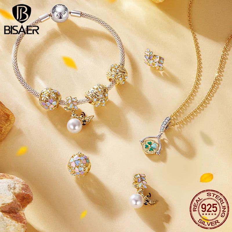 BISAER 925 Sterling Silver Four-Leaf Clover Charm Colorful Autumn Leaves Pendant Plated Gold for Women DIY Bracelet Fine Jewelry