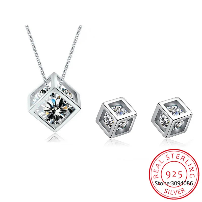 MEEKCAT 5 Style 925 Sterling Silver Jewelry Sets Zircon Square Cube Necklace+Earrings+Bracelet For Women Gift
