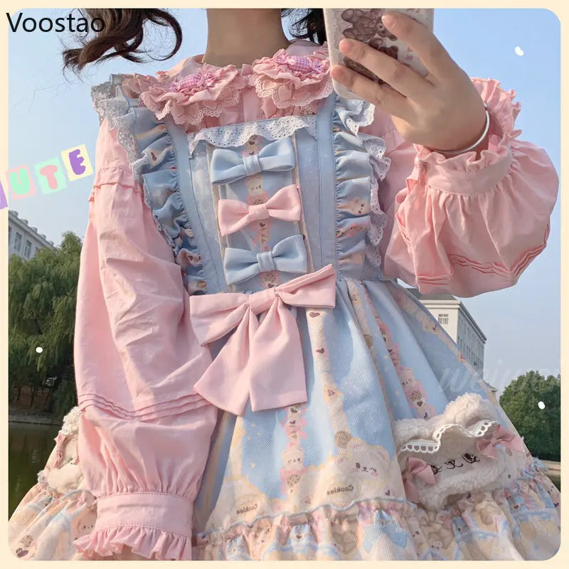 Japanese Cute Lolita Blouses Women Kawaii Candy Peter Pan Collar JK Shirt Tops Girls Sweet Lace Ruffles Puff Sleeve Chic Blouse