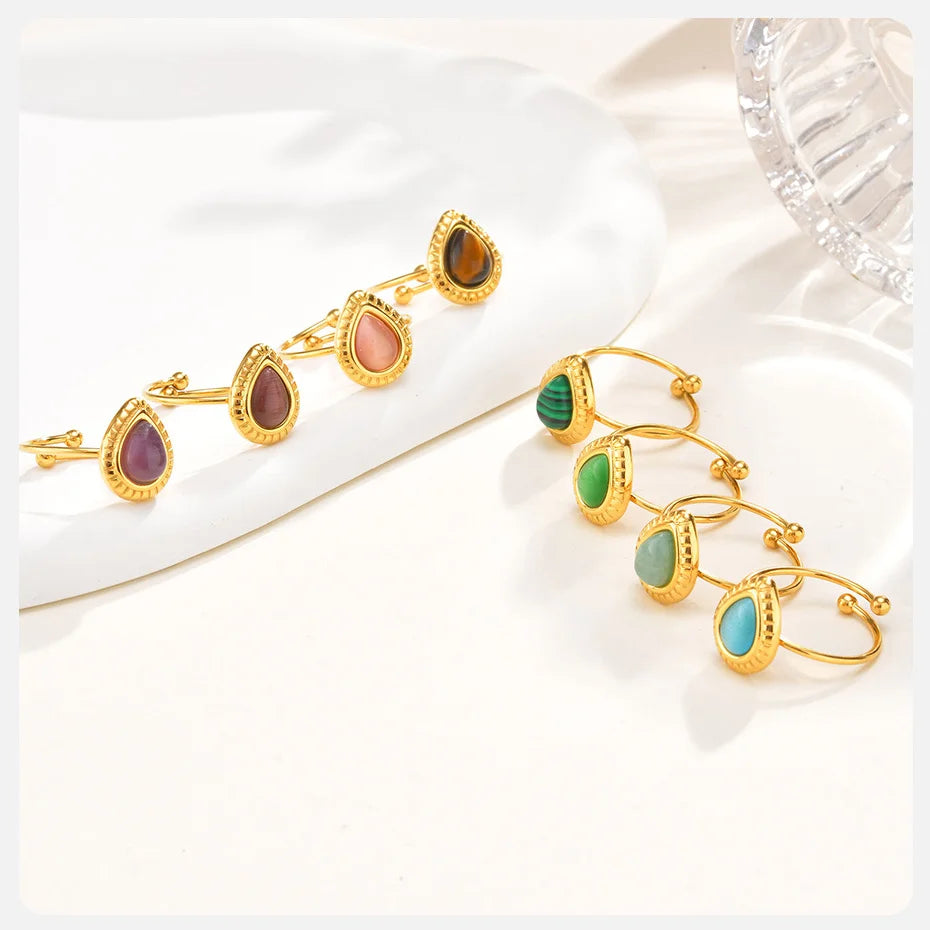 Vnox Dainty Water Droplets Opal Rings For Women Stainless Steel Colored Stone Aesthetic Open Rings Waterproof Finger Jewelry