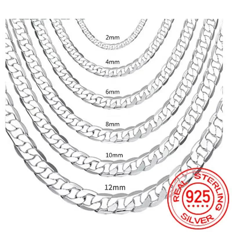 Men's 925 Sterling Silver Necklace 2/4/6/8/10/12MM 40-75cm Face Chain Necklace Lobster Clasp Men Women Engagement Jewelry Gifts - Madeinsea©
