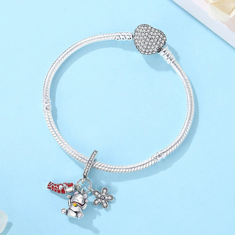 925 Sterling Silver Charms Beads Original Japanese Doll Fortune Cat Charm Fit Brand Bracelets Bangles DIY Jewelry For Women