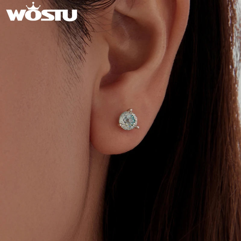 WOSTU 925 Silver 2CT Firework Zircon Stud Earrings For Women, Rainbow Blue Jewelry Gift Classical Round Ear Studs Wedding Gif