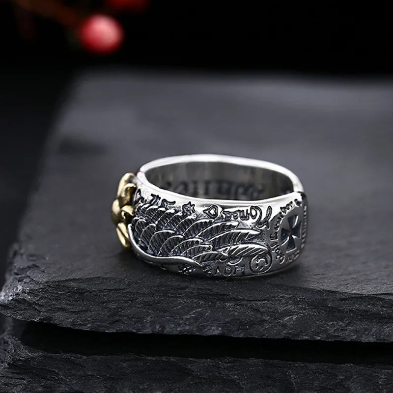 Retro Sun Wings Graffiti Ring For Men Silver Color Punk Gothic Adjustable Ring Handmade Rock Unisex Jewelry Accessories Man Gift
