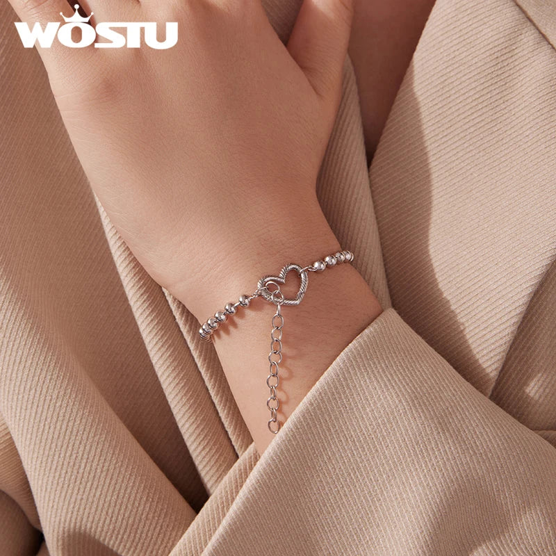 WOSTU Verstellbares Silberperlenarmband mit offenem Herzanhänger, schlichtes Armband aus 925er Sterlingsilber für Charms, Perlen und DIY-Schmuck