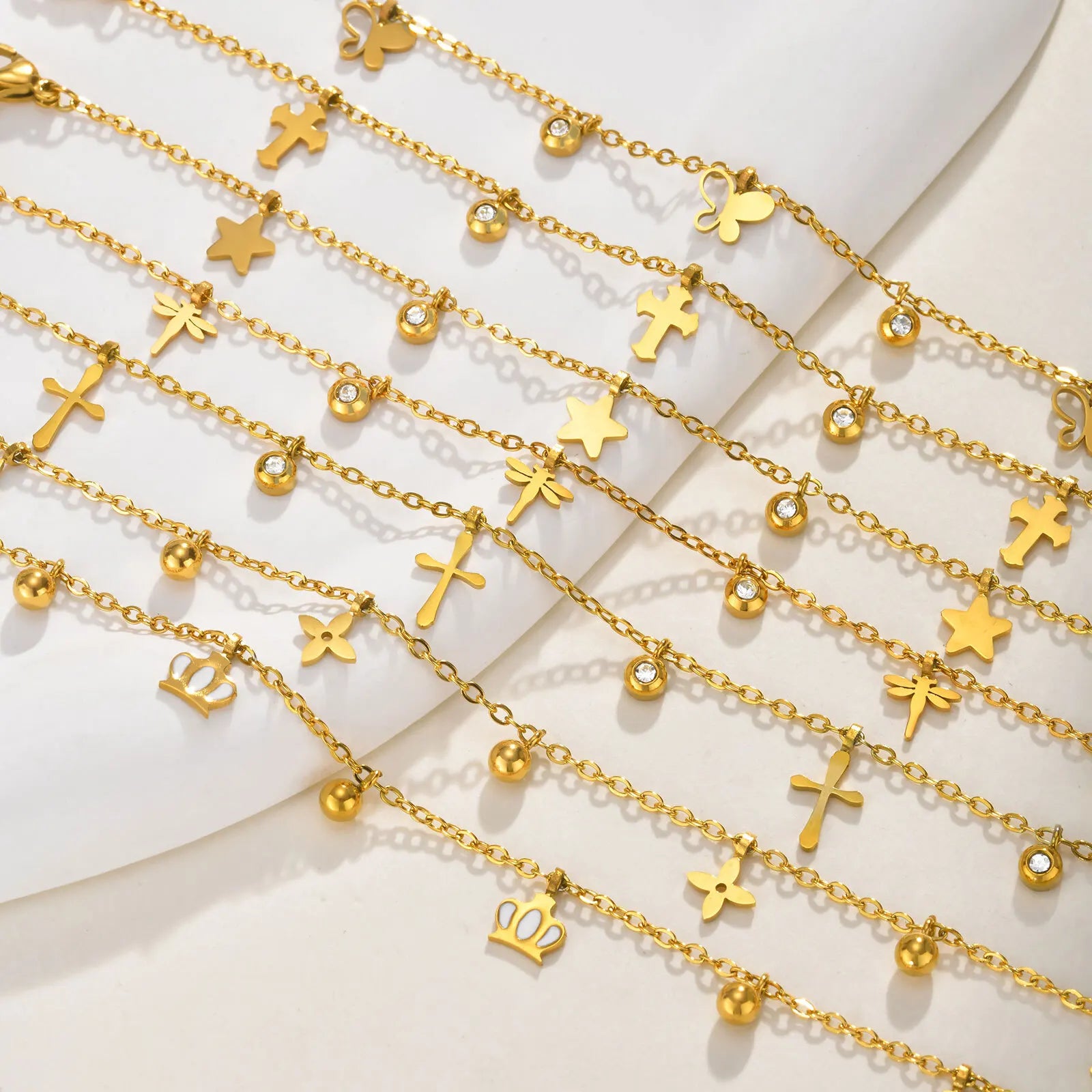 Vnox Gold Color Charm Female Chain Anklet Stainless Steel Cross Crown Star Pendant Barefoot Bracelet Women Beach Jewelry Summer