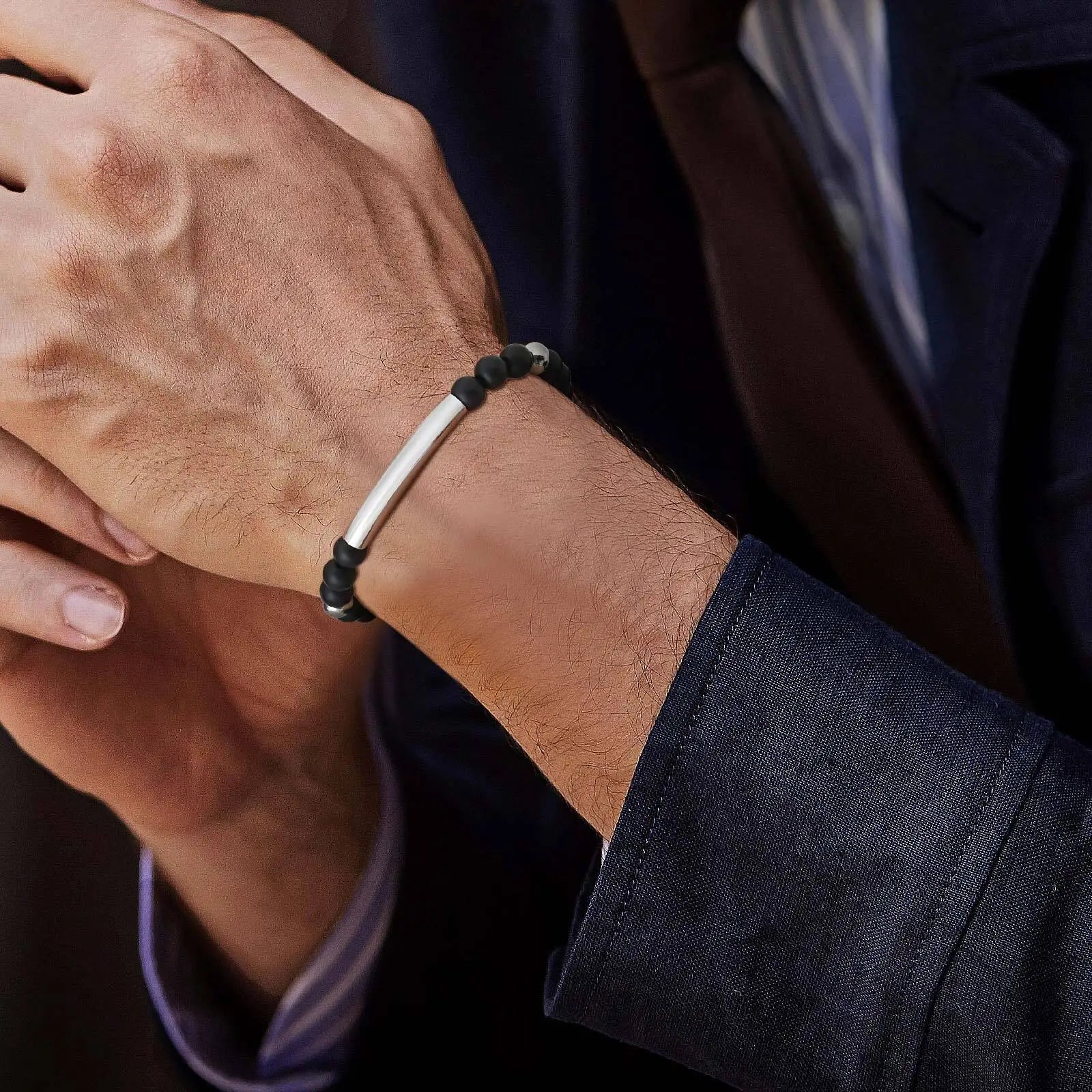 Vnox Free Engrave Words Stainless Steel Bangles, Black Natural Beads Beaded Bracelets, Adjustable Mens Wristband Gift