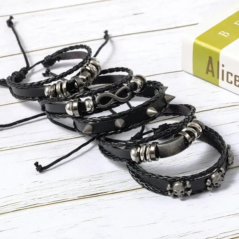 5pcs Metal Diy Braided Punk Style Bracelet Set, Featuring Pu Leather And Beads