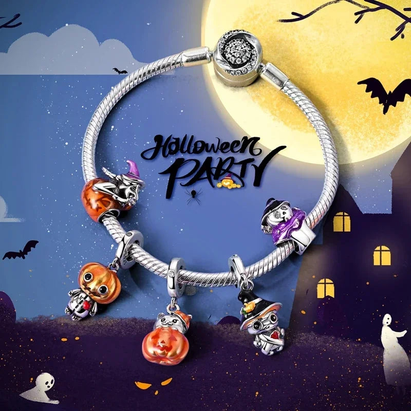 Original 925 Sterling Silver Halloween Charms Pumpkin Skull Witch Ghost Bead Earrings Pendant Fit Bracelet Necklace Jewelry