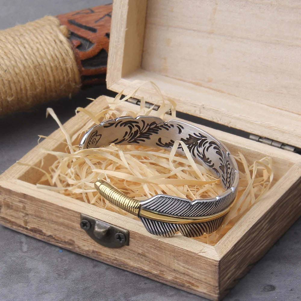 Vintage Feather Open Cuff Bracelet (with wooden gift box)