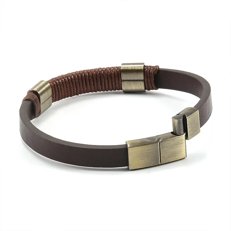 MKENDN Retro Gold Color Stainless Steel Magnetic Buckle Bracelet for Men Brown Leather Wristband Bracelet Fashion Jewelry Gift