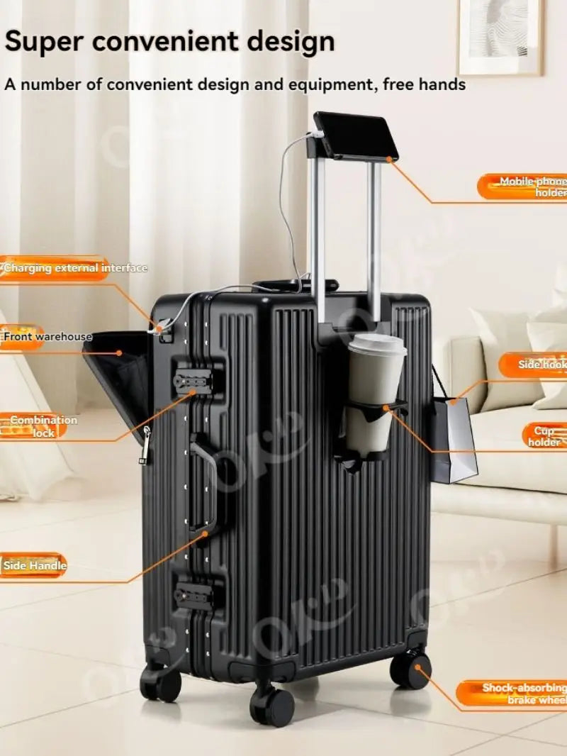 Cadre en aluminium à ouverture frontale, compartiment à bagages anti-chute de grande capacité, coffre à poignée télescopique à roues universelles de 20 pouces, coffre à bagages pour hommes de 24 pouces et