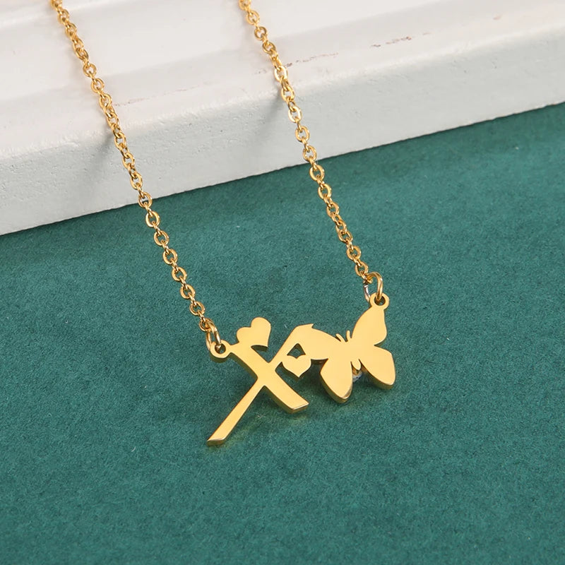 New Fashion 26 Initials Letter Pendant Butterfly Necklace for Women Elegant Stainless Steel Gold Color Necklace Jewelry Gift