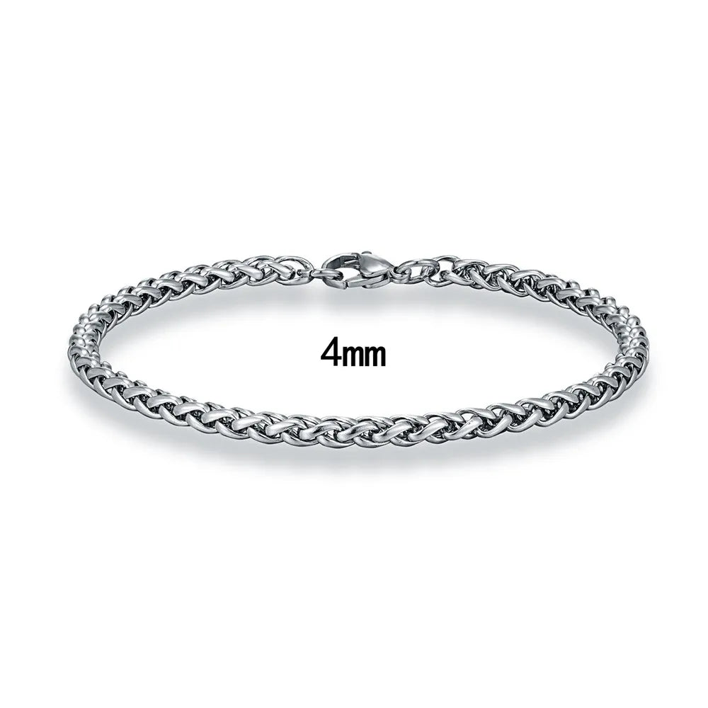 MKENDN Thickness 2/3/4/5/6mm Silver Color Wheat Braided Stainless Steel Bracelet Classic Curb Link Chain for Men Women Jewelry - Madeinsea©