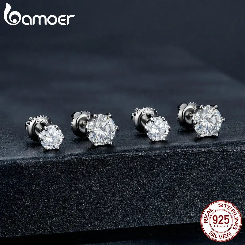 BAMOER Klassische Moissanit-Ohrstecker, S925 Silber D-Farbe Brillanter Rundschliff Laborerstellter Diamant Hochzeit Verlobungsohrringe