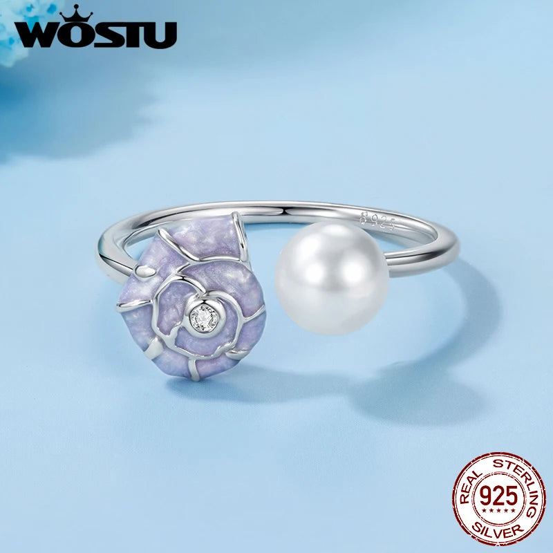 WOSTU Ocean Jewelry 925 Sterling Silver Starfish Turtle Open Ring Women Blue Conch Manta Fish Stackable Rings Holiday Beach Wear