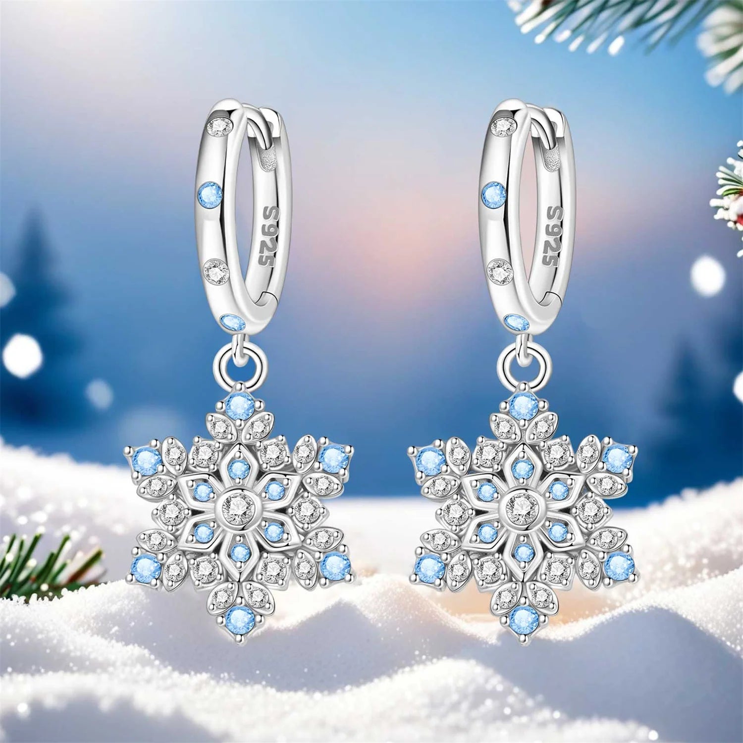 PANPOKI 925 Sterling Silver Sparkling Blue Snowflake Earrings Series Drop Earrings For Women Party Gifts Trendy Jewelry