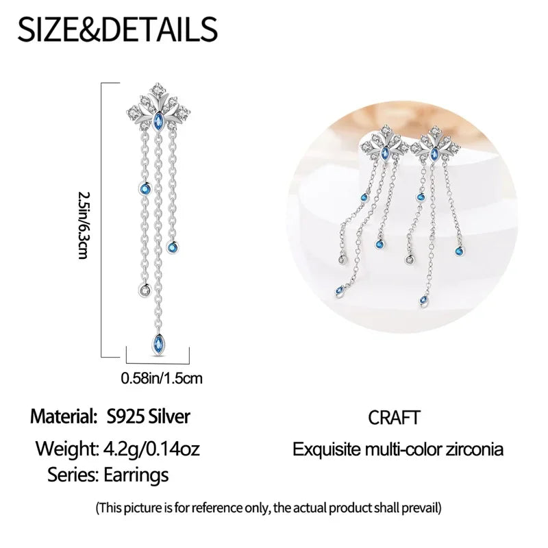925 Sterling Silver Christmas Blue Snowflakes Tassel Diamond Earrings Red Bow for Women Creative Jewelry Christmas Themed Gifts