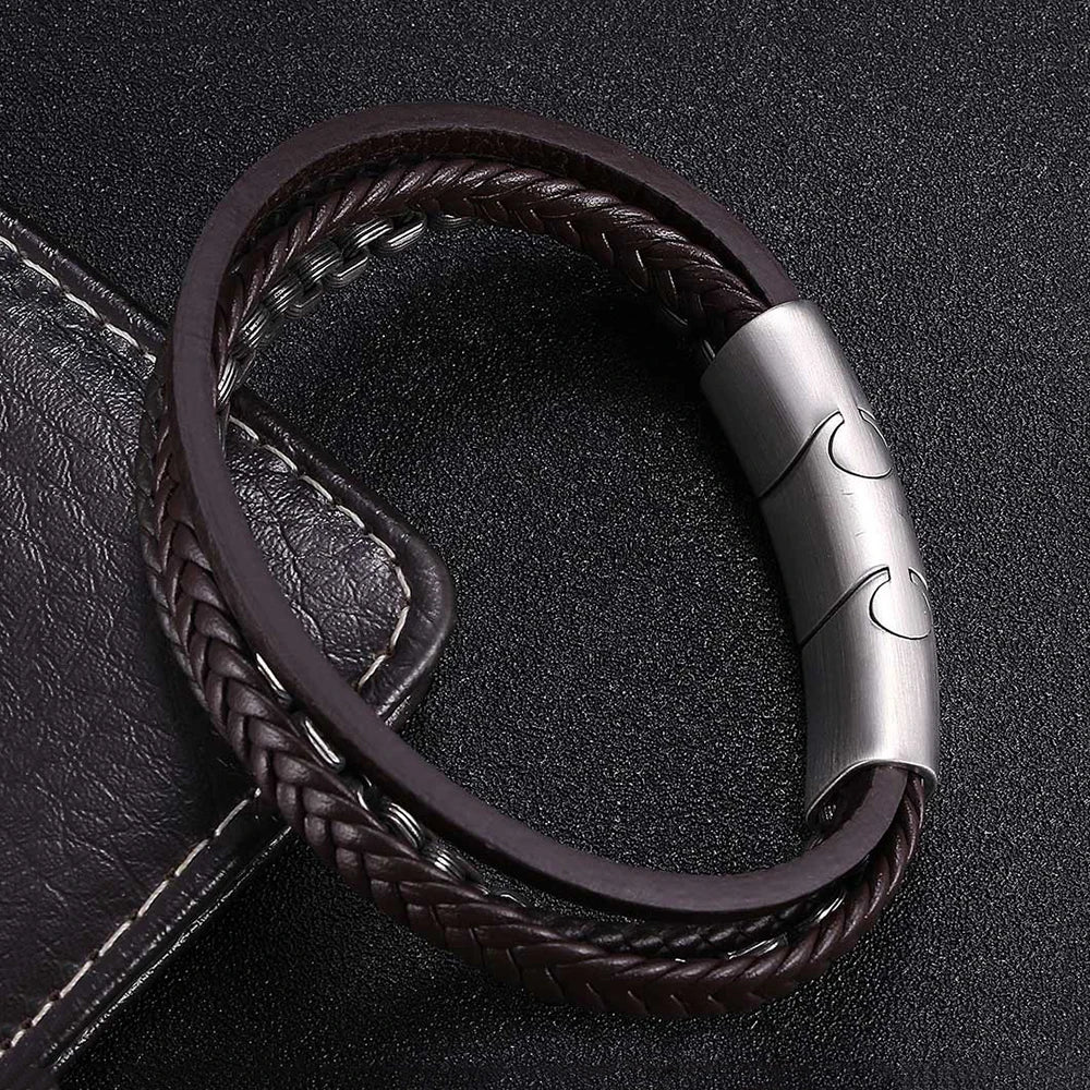 MKENDN Locomotive Men Punk Rock Oxidized Stainless Steel Round Box Chain Leather Cord Bracelet Chain Accessory Male Gifts
