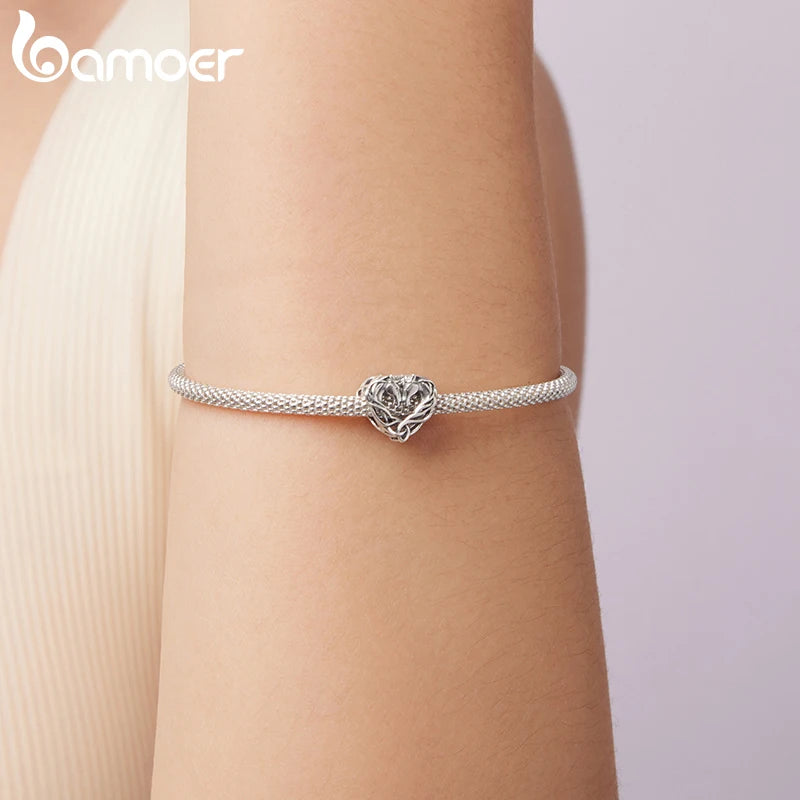 BAMOER 925 Sterling Silver Double Horse Celtic Knot Beads Retro Heart Charm for Women Necklace Pendant DIY Jewelry Accessories